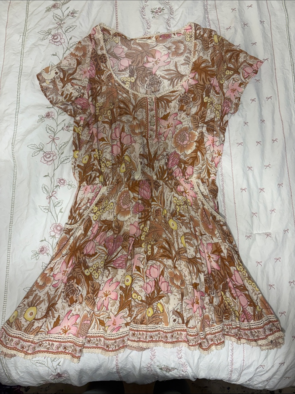 Spell Floral Mix Mini Dress in Brown and Pink